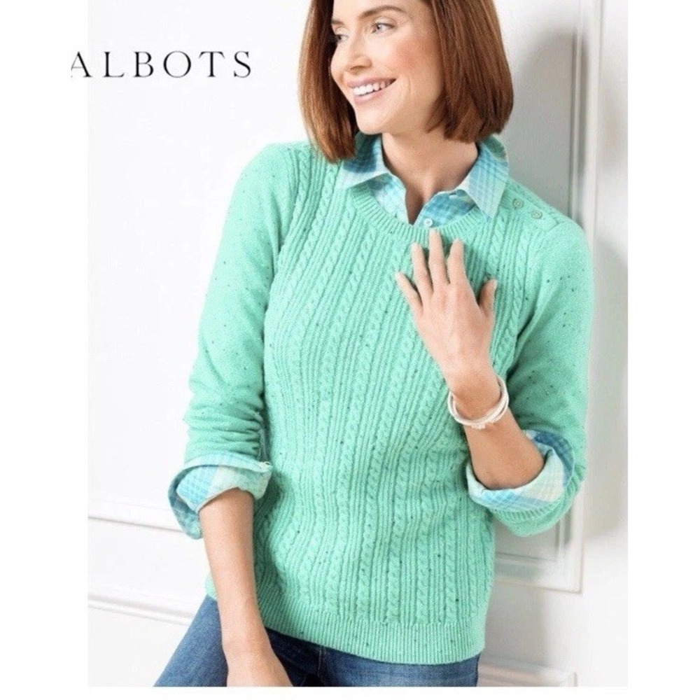 Talbots Plus‎ Cable Knit Tweed Crewneck Sweater Women's 1X P Aqua Classic Fit